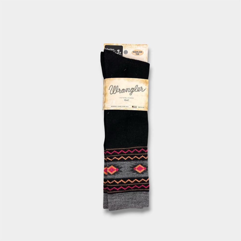 Wrangler Lightweight Merino Wool Blend Aztec Knee High Boot Socks Black NWT